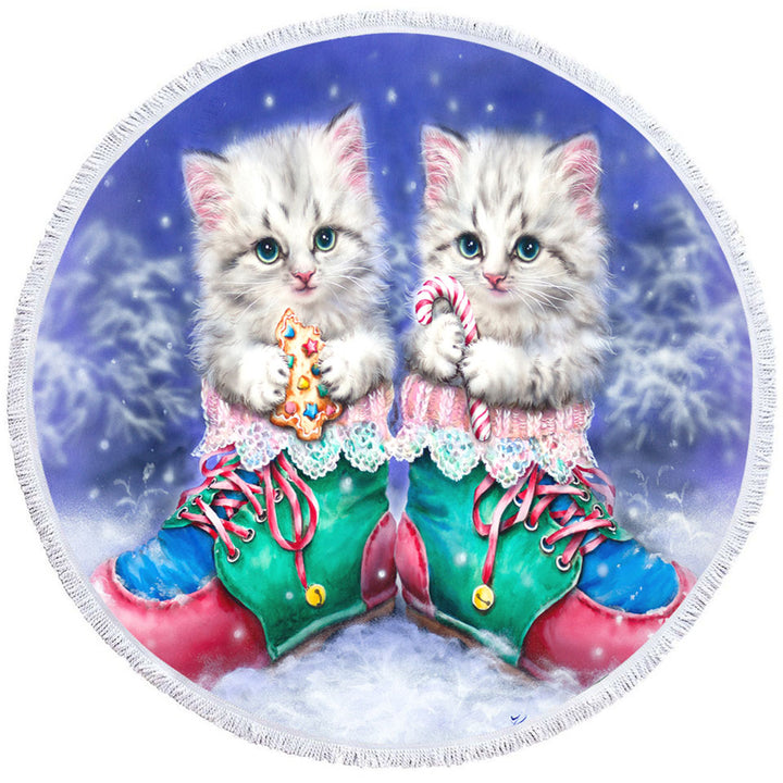 Christmas Circle Towel Winter Boots with Cute Grey Kittens