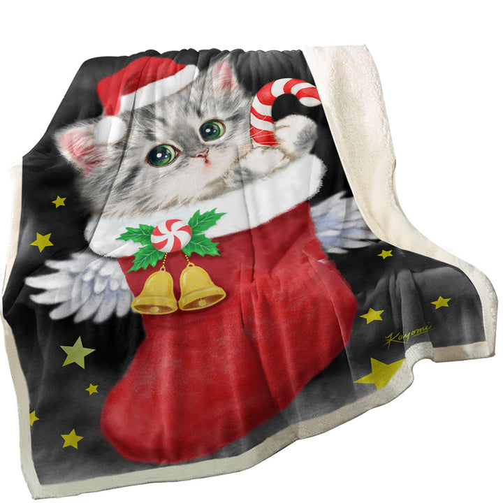 Christmas Decorative Blankets Cute Grey Kitty in Red Angle Christmas Sock
