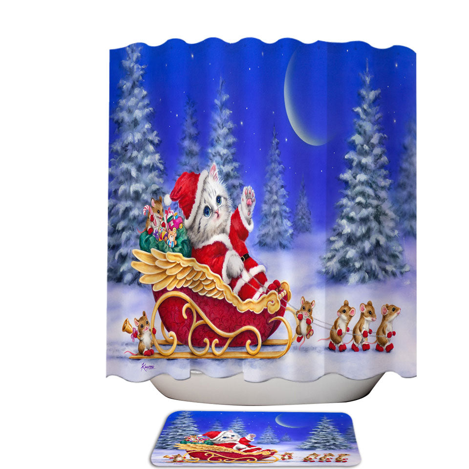 Christmas Fabric Shower Curtains Cats Kitten Santa and Mice Helpers