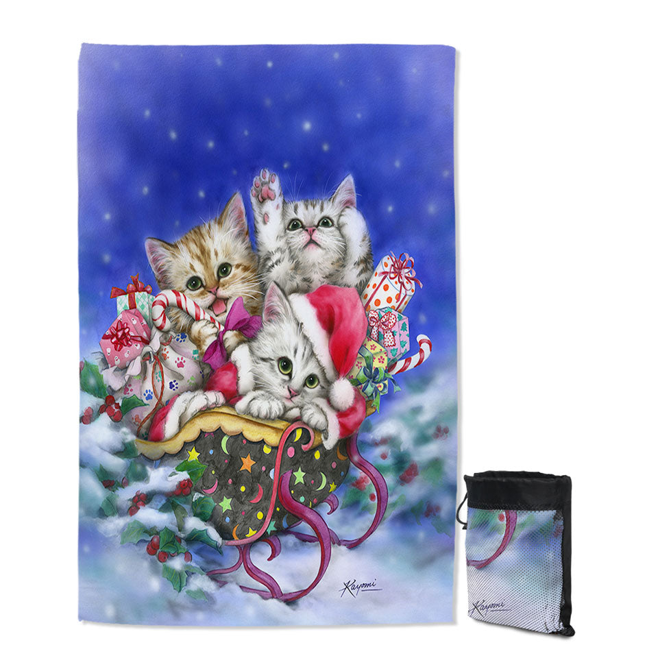 Christmas Giant Beach Towel Gift Three Lovely Kittens in Sleigh