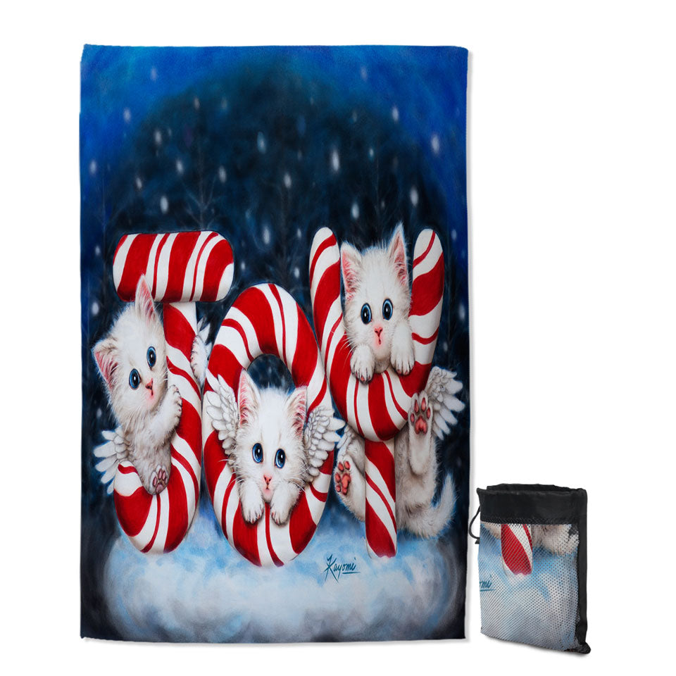 Christmas Joy Beach Towels Three Cute Angel White Kittens