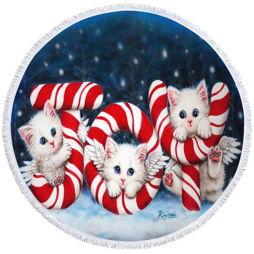 Christmas Joy Big Beach Towels Three Cute Angel White Kittens
