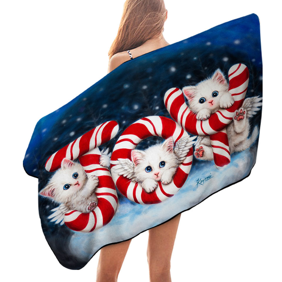 Christmas Joy Microfiber Beach Towel Three Cute Angel White Kittens