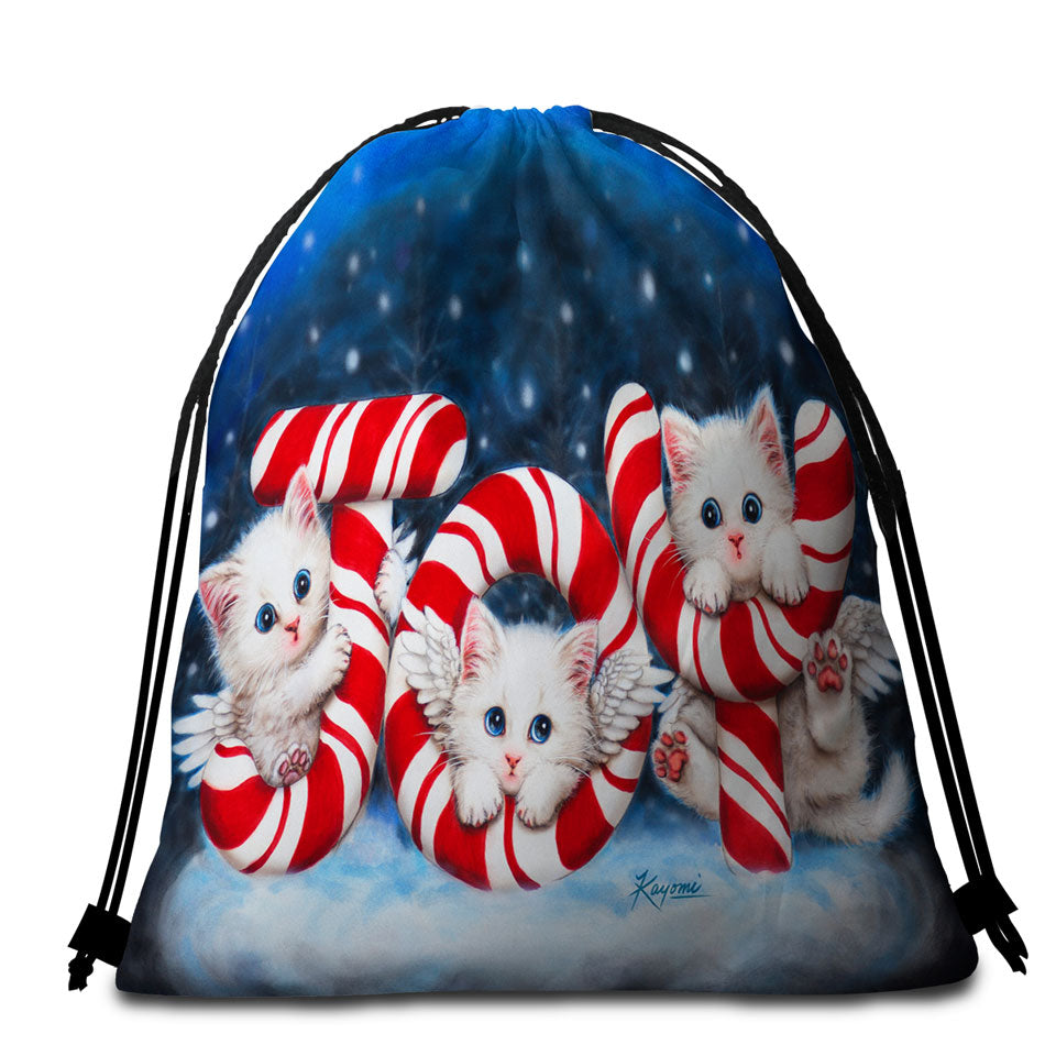 Christmas Joy Packable Beach Towel Three Cute Angel White Kittens