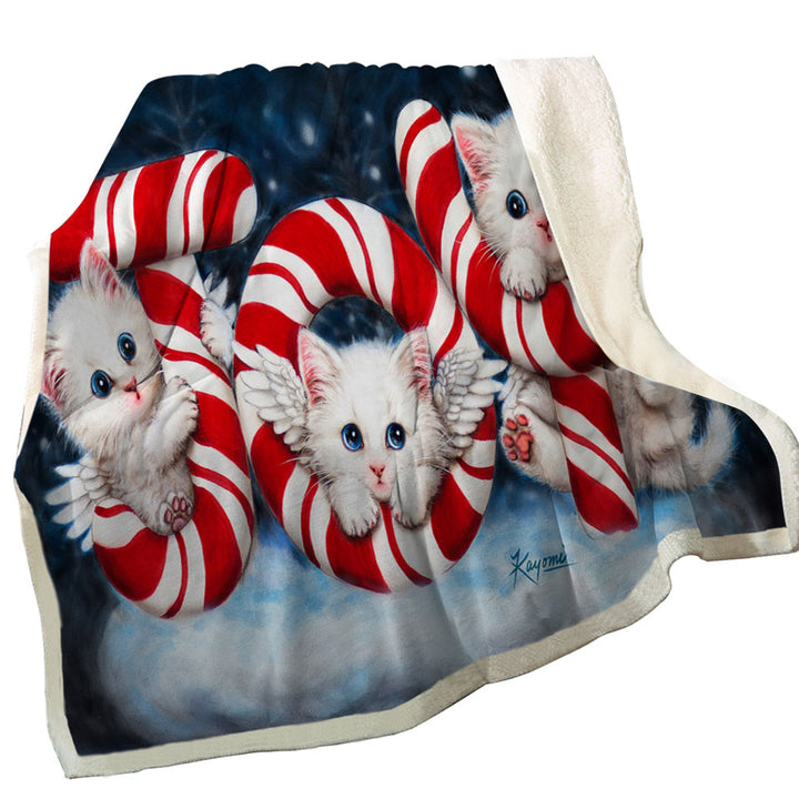 Christmas Joy Sofa Blankets Three Cute Angel White Kittens