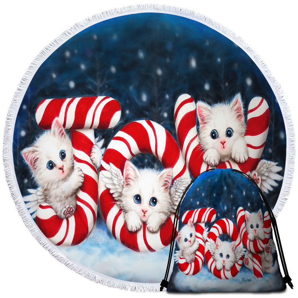 Christmas Joy Unique Beach Towels Three Cute Angel White Kittens