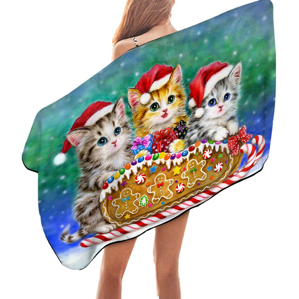 Christmas Kids Beach Towels Cats Cute Gingerbread Sleigh Kittens