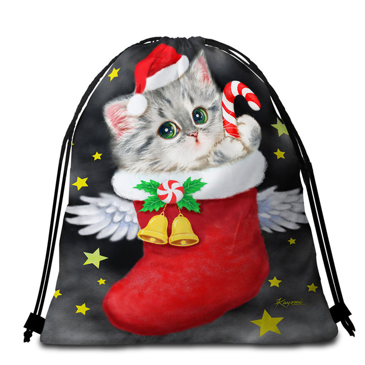 Christmas Kids Beach Towels and Bags Cute Grey Kitty in Red Angle Christmas Sock