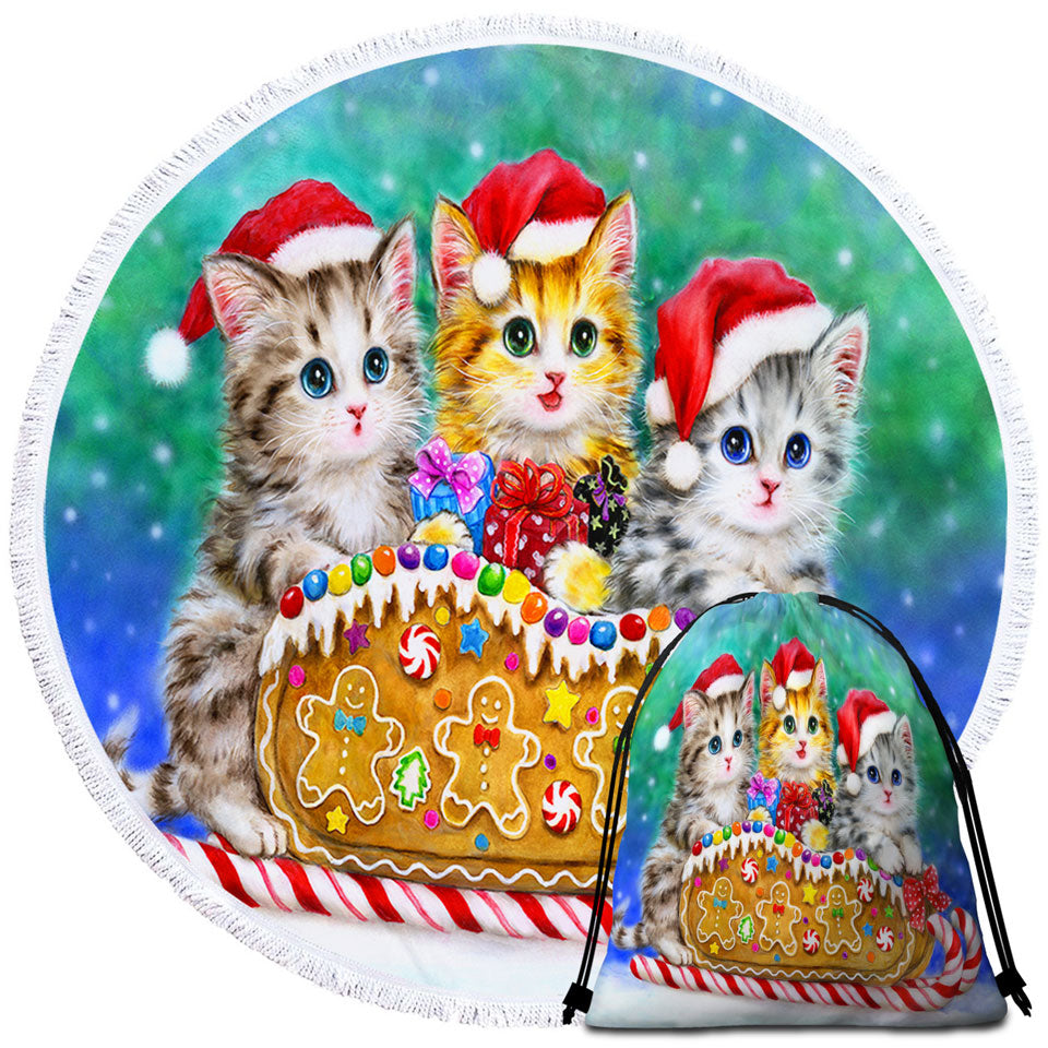 Christmas Kids Beach Towels and Bags Set Cats Cute Gingerbread Sleigh Kittens