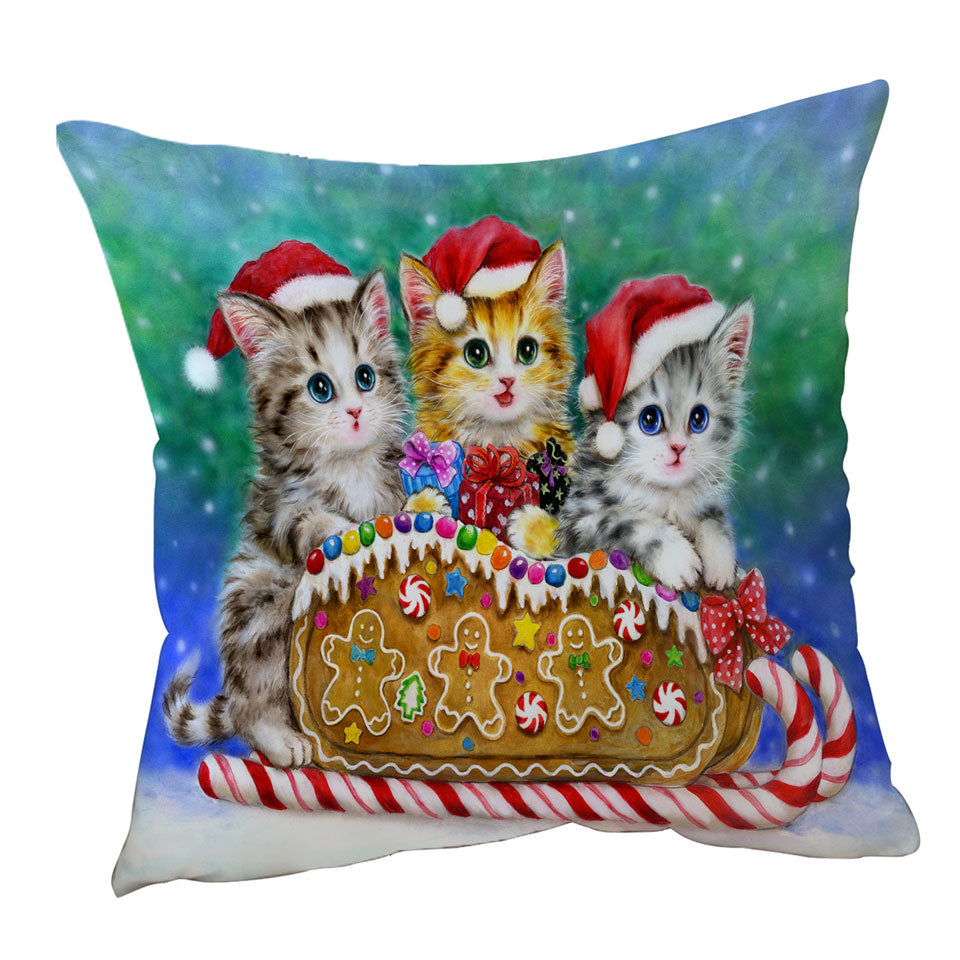 Christmas Kids Cushions Cats Cute Gingerbread Sleigh Kittens