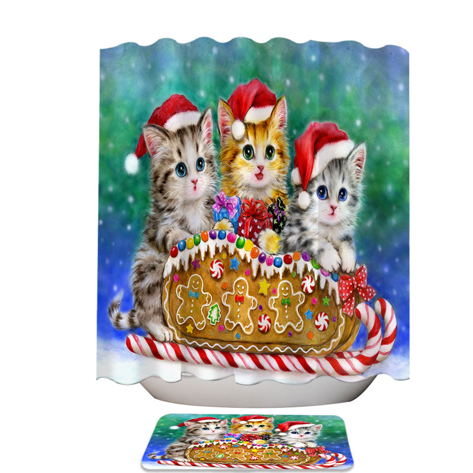 Christmas Kids Shower Curtains Cats Cute Gingerbread Sleigh Kittens