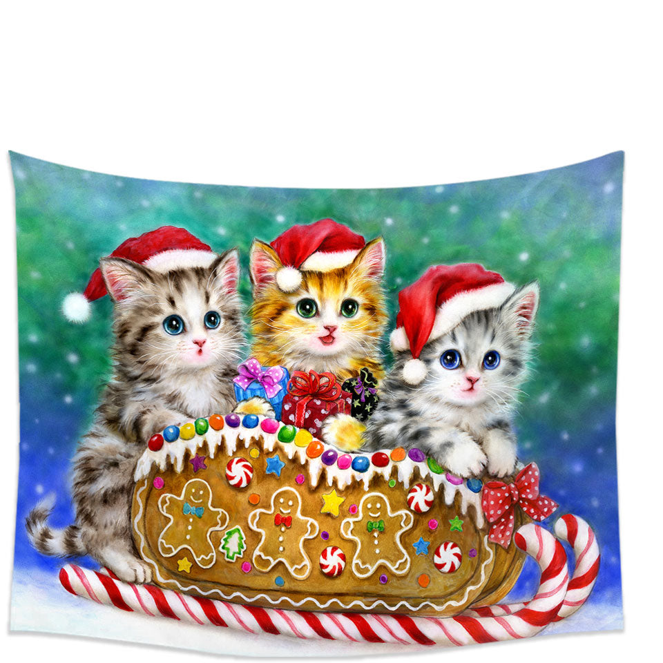 Christmas Kids Tapestry Wall Decor Cats Cute Gingerbread Sleigh Kittens