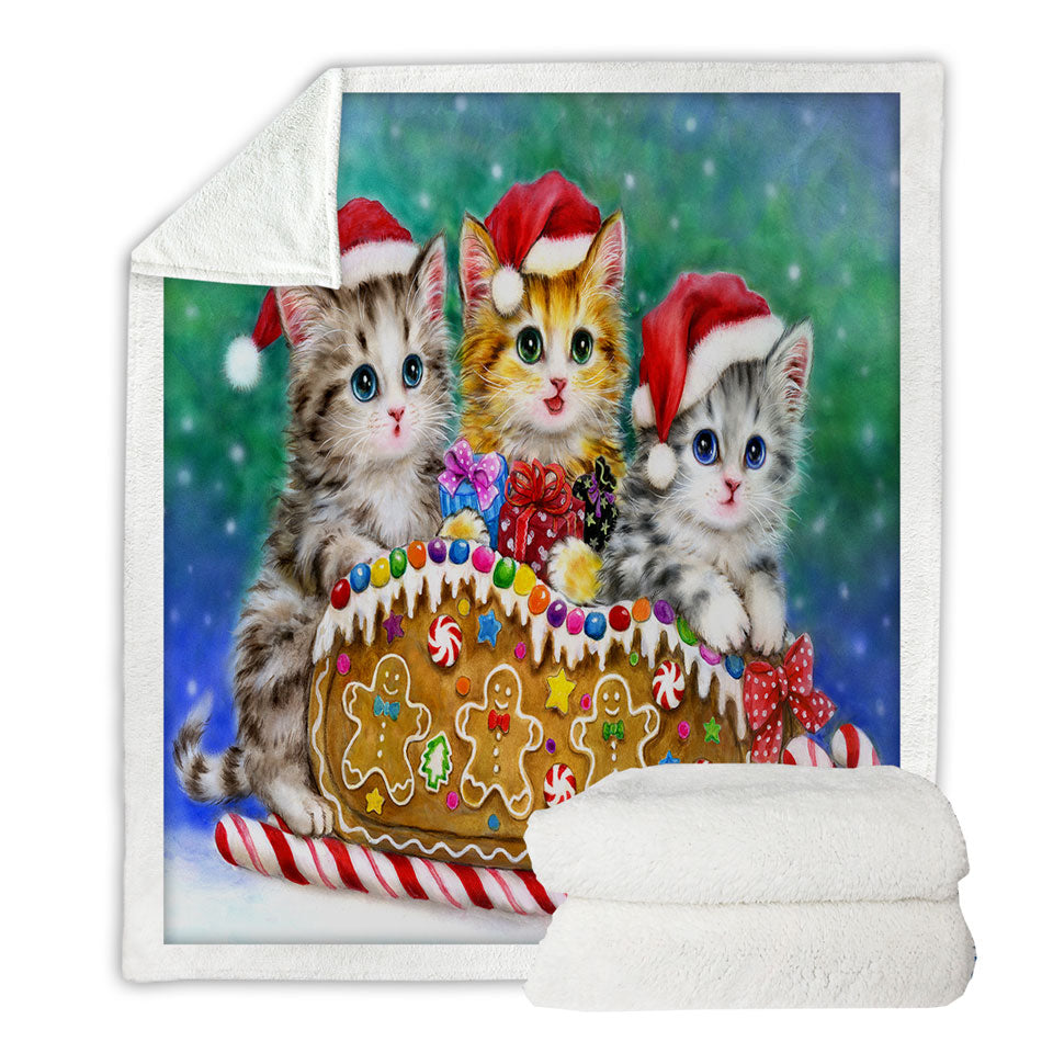 Christmas Kids Throw Blankets Cats Cute Gingerbread Sleigh Kittens