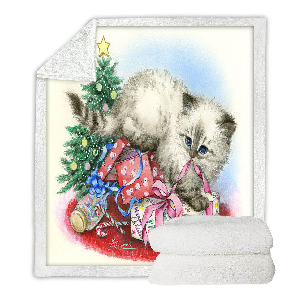 Christmas Kids Throws Design Cute Kitten is Opening Presents