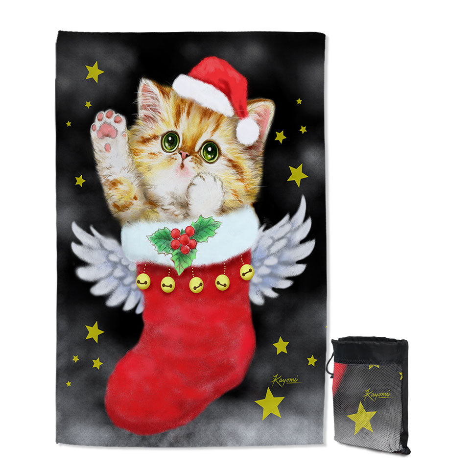 Christmas Lightweight Beach Towel Cute Ginger Kitty in Red Angle Christmas Sock