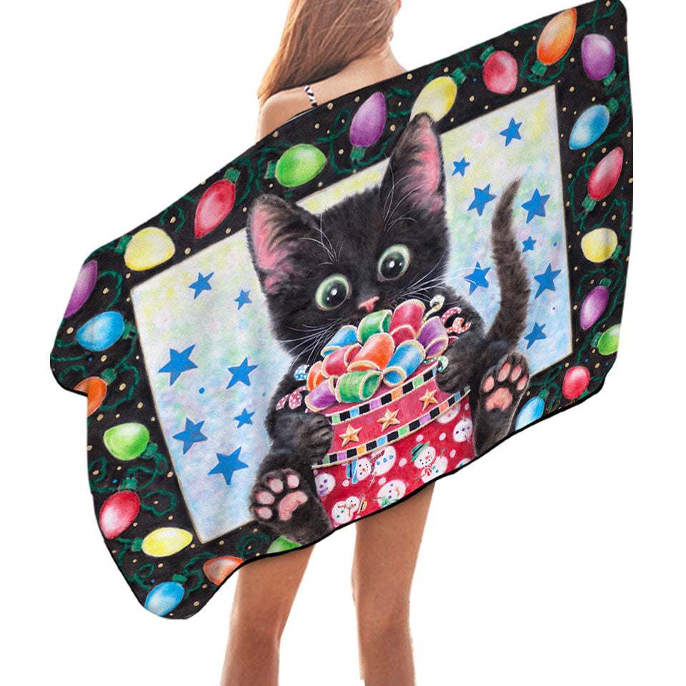 Christmas Lightweight Beach Towel Lights and Cute Black Kitten Cat