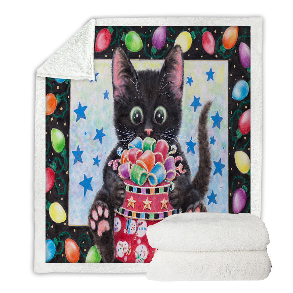 Christmas Lightweight Blankets Lights and Cute Black Kitten Cat
