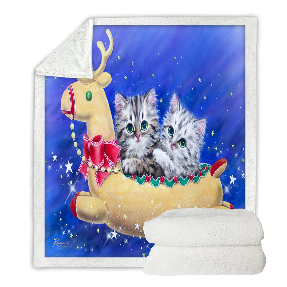 Christmas Lightweight Blankets with Reindeer Ride Kitty Cats