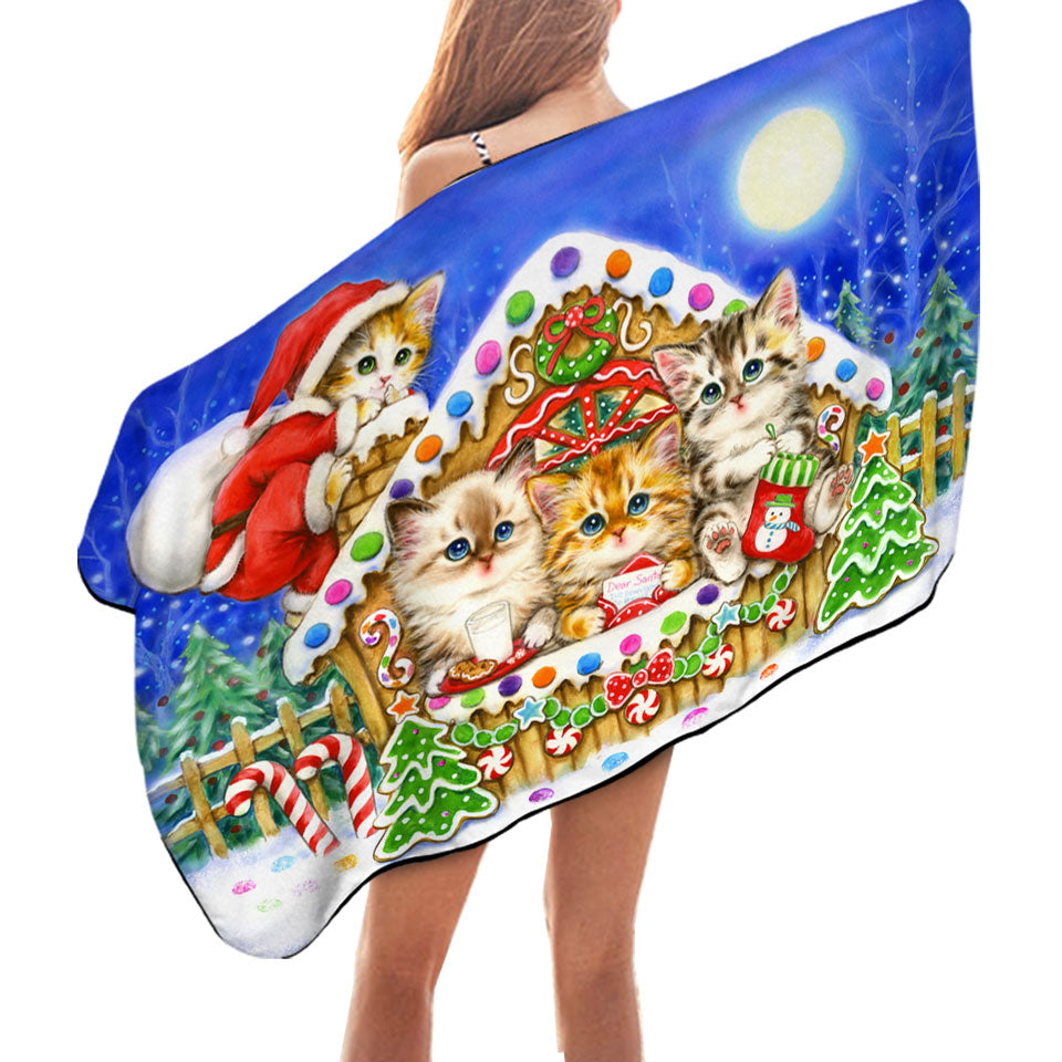 Christmas Microfiber Beach Towel Cats Cute Gingerbread House for Kittens