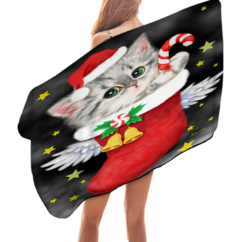 Christmas Microfiber Beach Towel Cute Grey Kitty in Red Angle Christmas Sock
