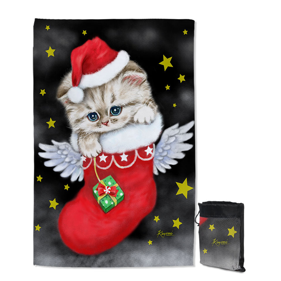 Christmas Microfiber Towels For Travel Adorable Tabby Kitty in Red Angle Christmas Sock