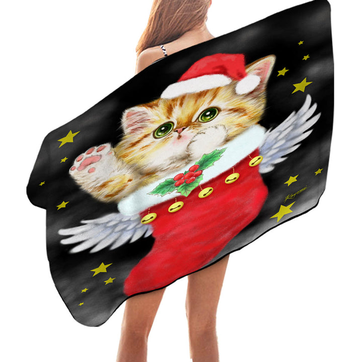 Christmas Pool Towels Cute Ginger Kitty in Red Angle Christmas Sock