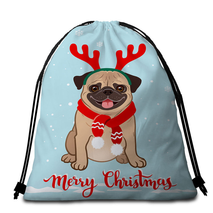 Christmas Pug Beach Towel Bags