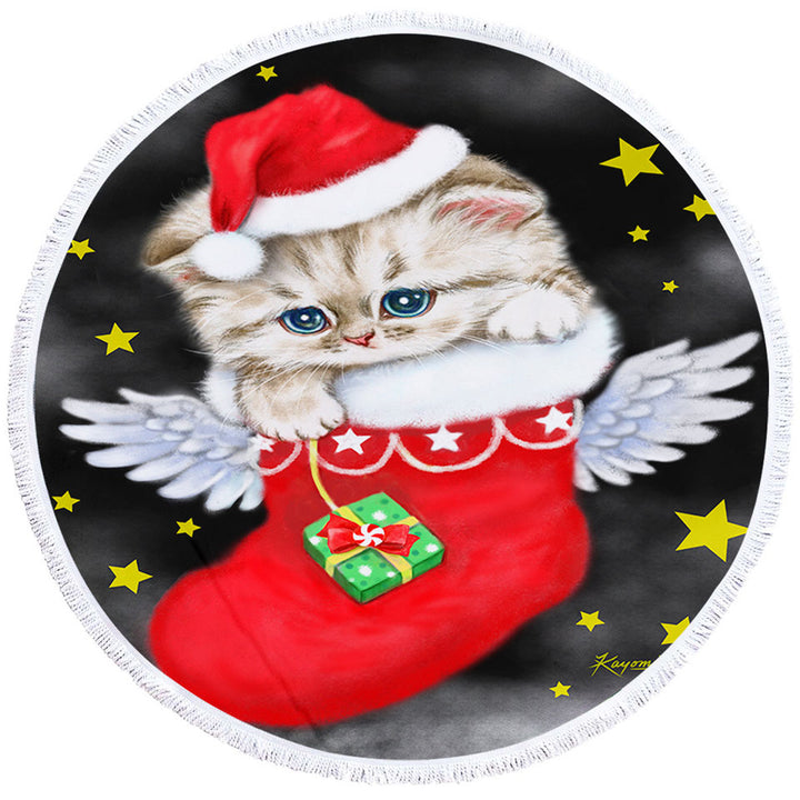 Christmas Round Beach Towel Adorable Tabby Kitty in Red Angle Christmas Sock