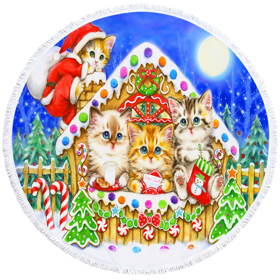 Christmas Round beach Towels Cats Cute Gingerbread House for Kittens
