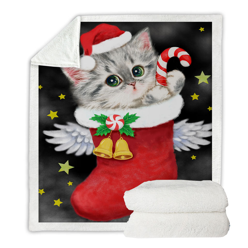 Christmas Sherpa Blanket Cute Grey Kitty in Red Angle Christmas Sock