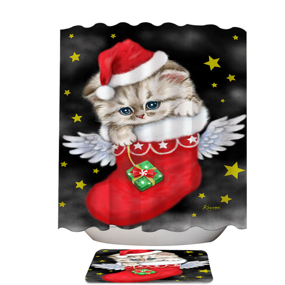 Christmas Shower Curtains Adorable Tabby Kitty in Red Angle Christmas Sock