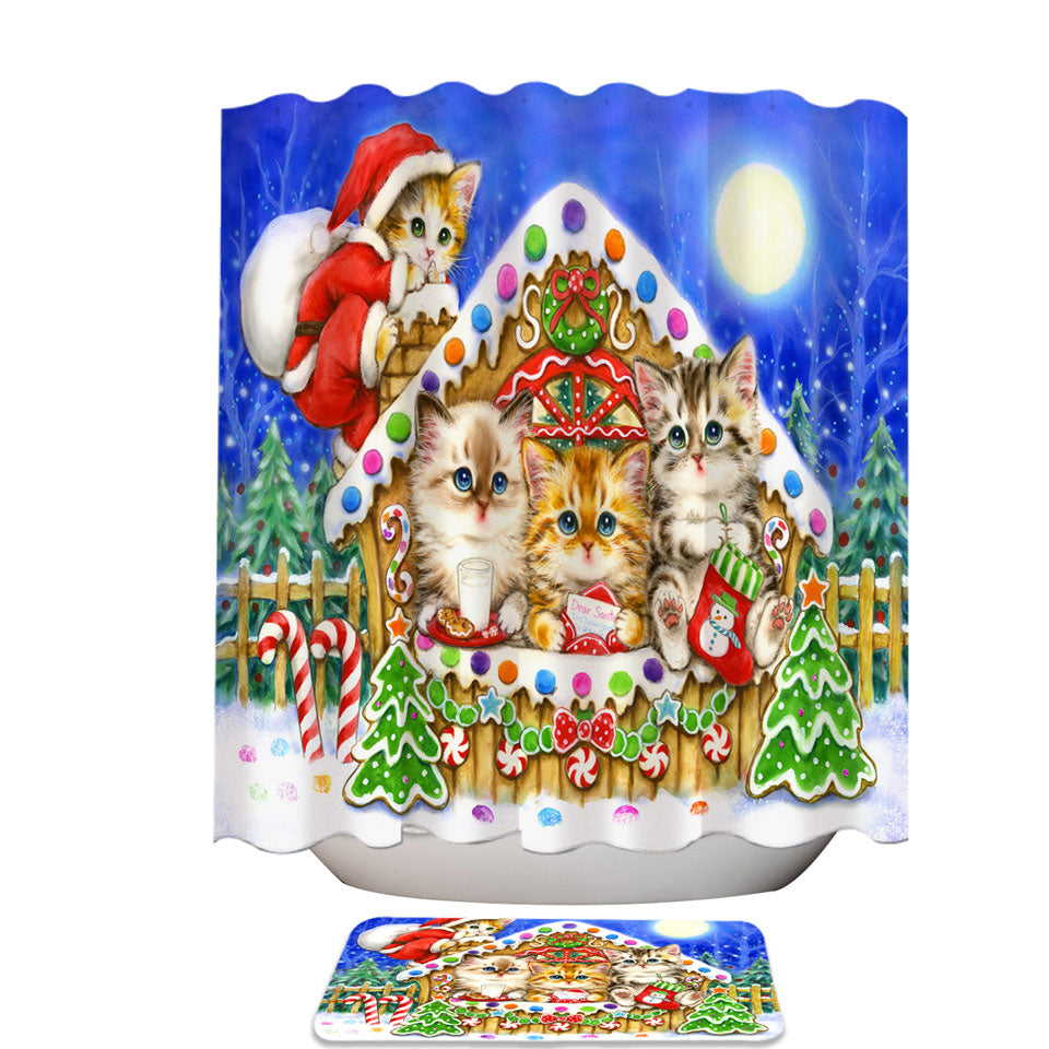 Christmas Shower Curtains and Bathroom Rugs Cats Cute Gingerbread House for Kittens