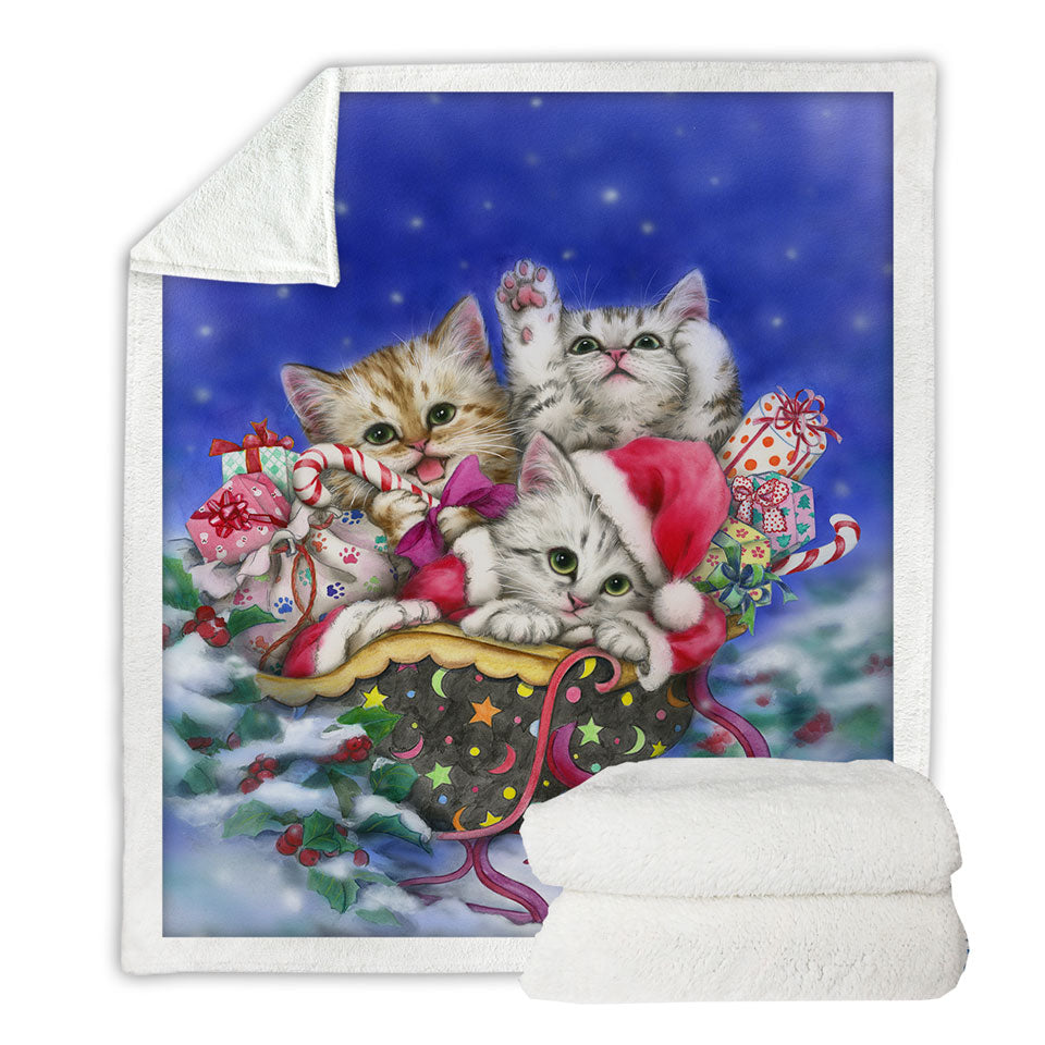 Christmas Sofa Blankets Gift Three Lovely Kittens in Sleigh