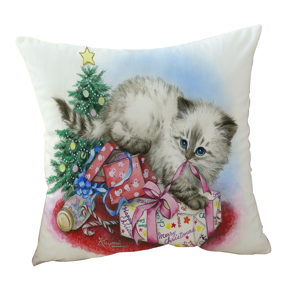 Christmas Sofa Pillows Design Cute Kitten is Opening Presents
