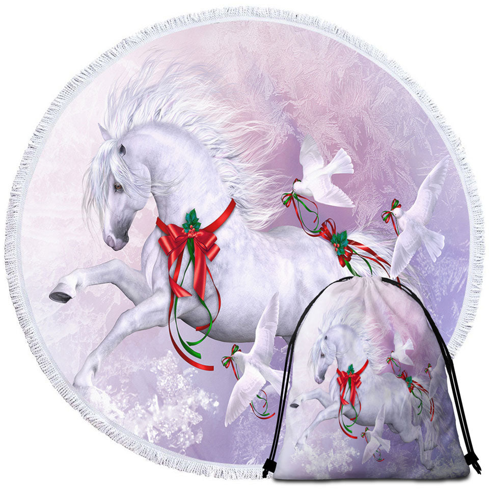 Christmas Spirit Beach Towels Horse and Doves the Snow Dance