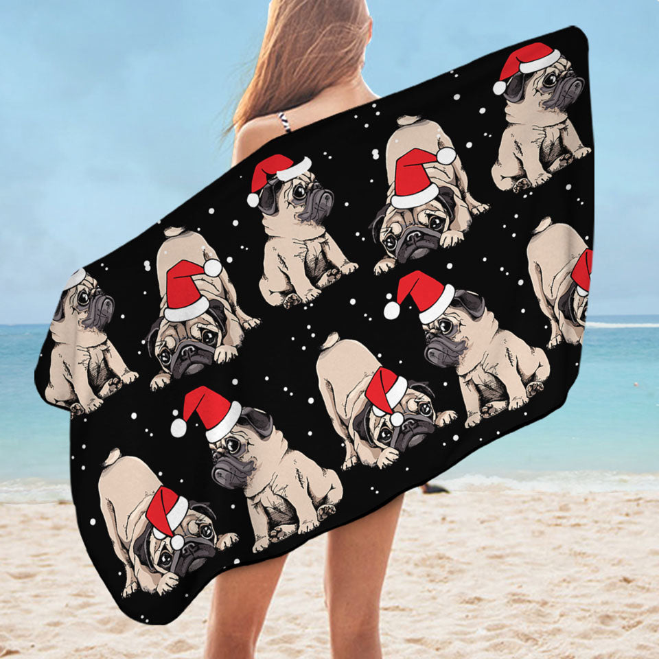 Christmas Spirit Pool Towels with Cute Pug Dog