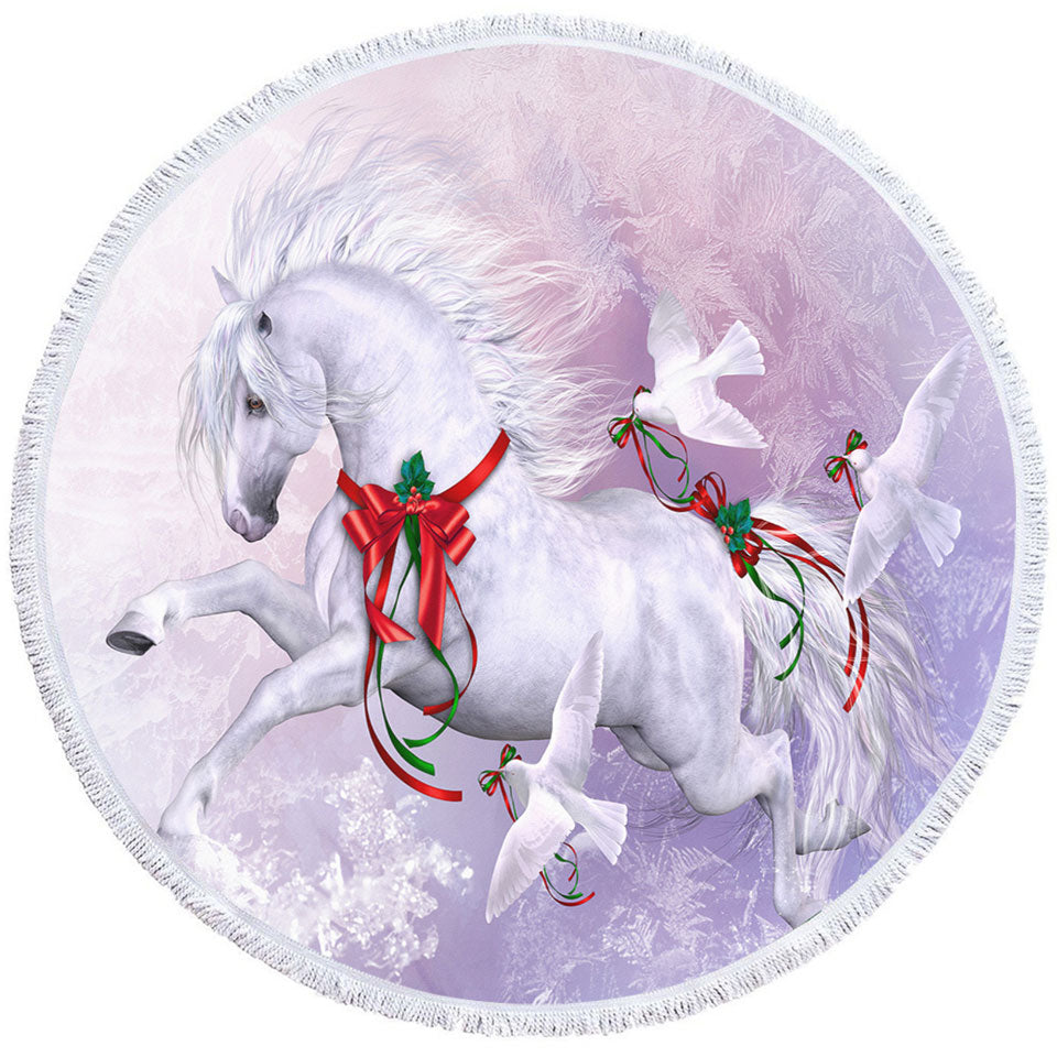 Christmas Spirit Round Beach Towel Horse and Doves the Snow Dance
