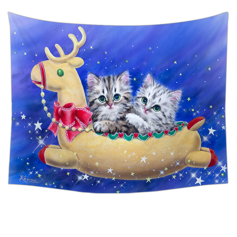 Christmas Tapestry Wall Decor Hanging with Reindeer Ride Kitty Cats