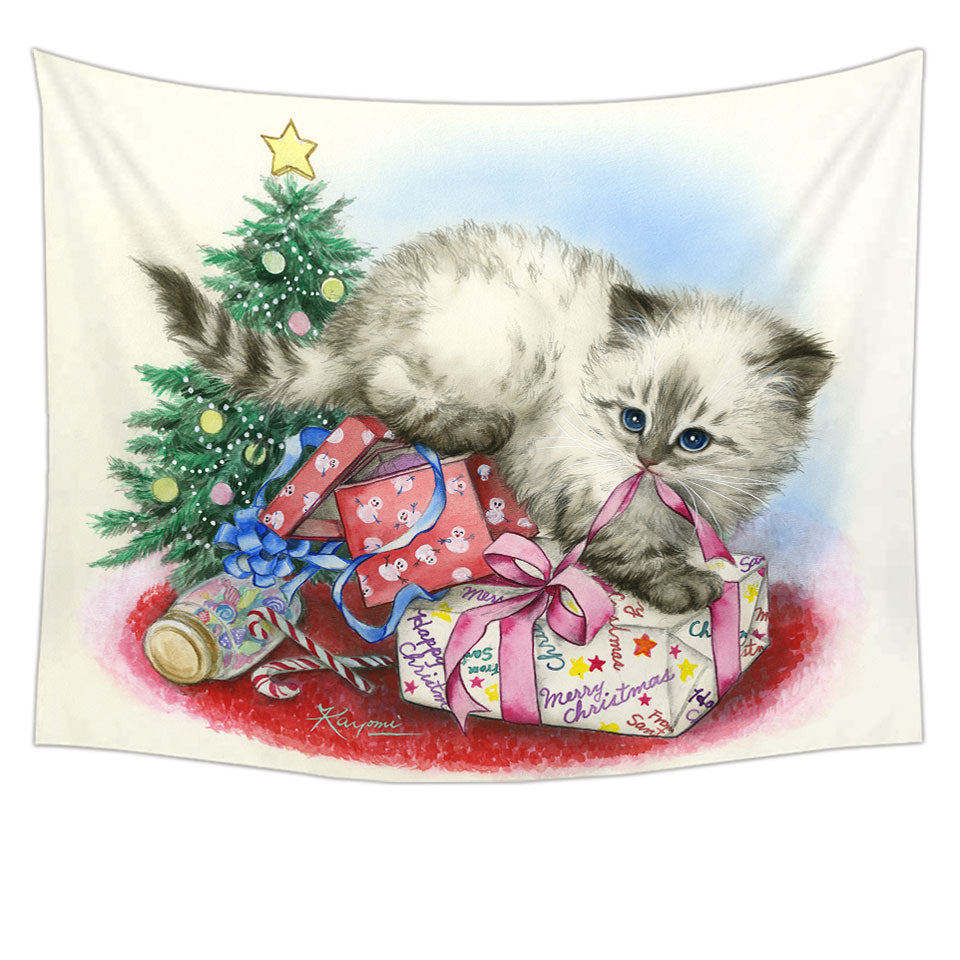 Christmas Tapestry Wall Hanging Design Cute Kitten is Opening Presents