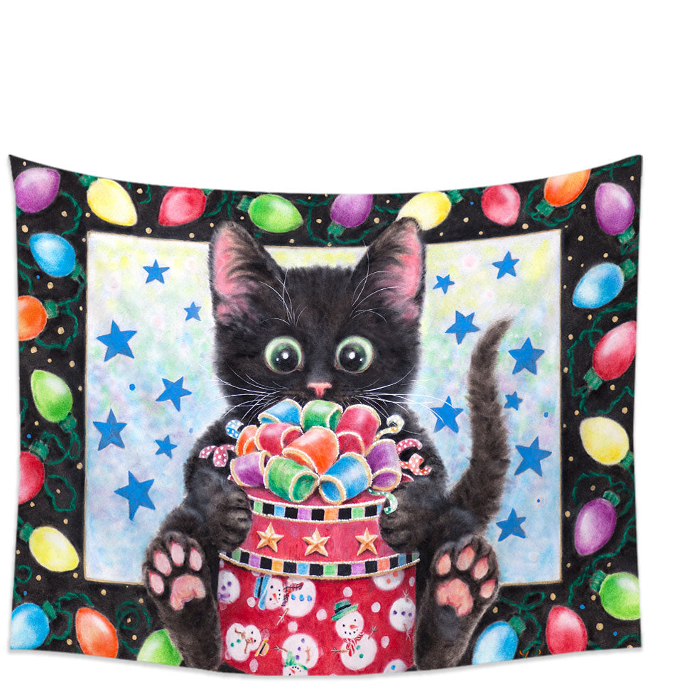 Christmas Tapestry Wall Hanging Lights and Cute Black Kitten Cat