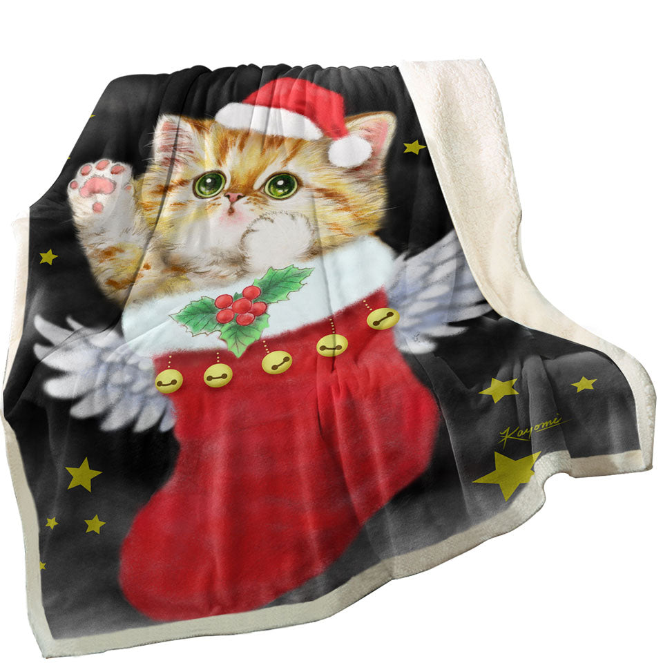 Christmas Throw Blanket Cute Ginger Kitty in Red Angle Christmas Sock