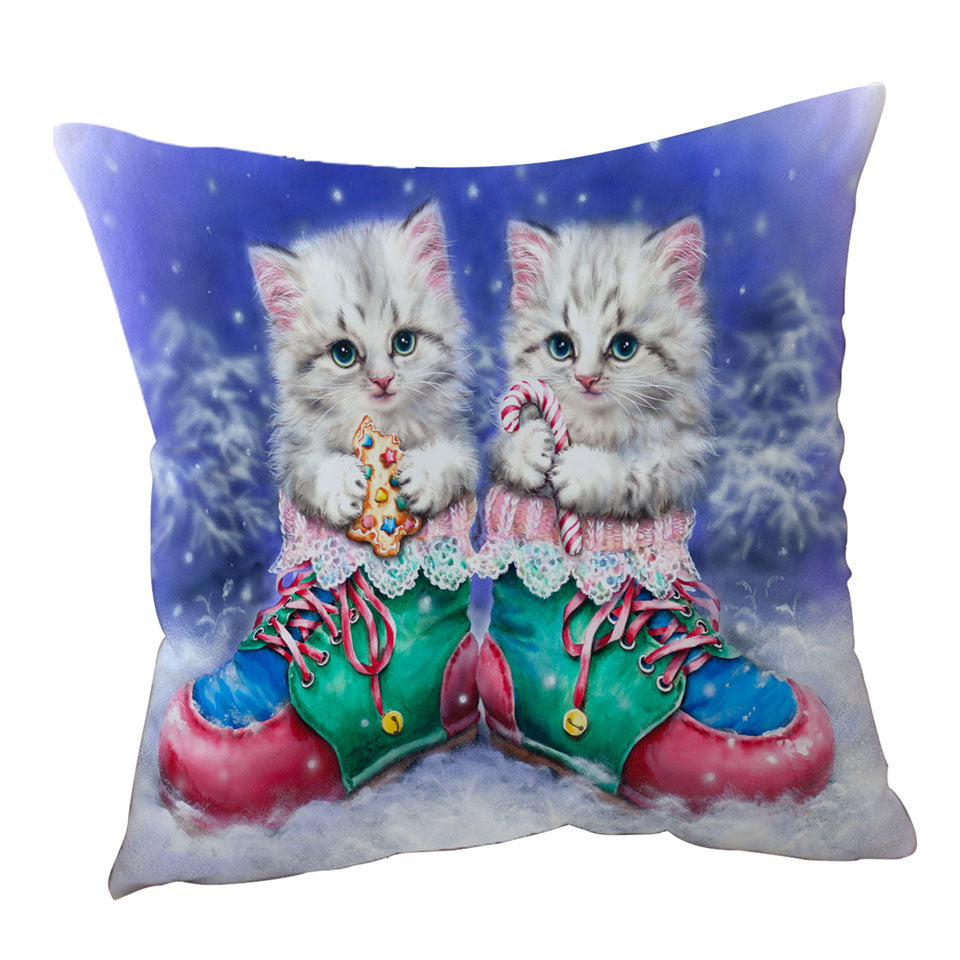 Christmas Throw Cushions Winter Boots with Cute Grey Kittens