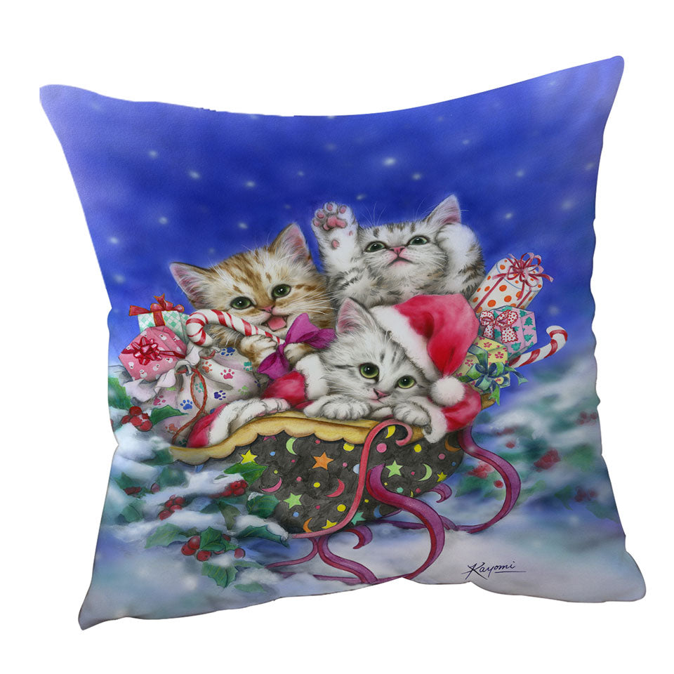 Christmas Throw Pillow Cover Gift Three Lovely Kittens in Sleigh