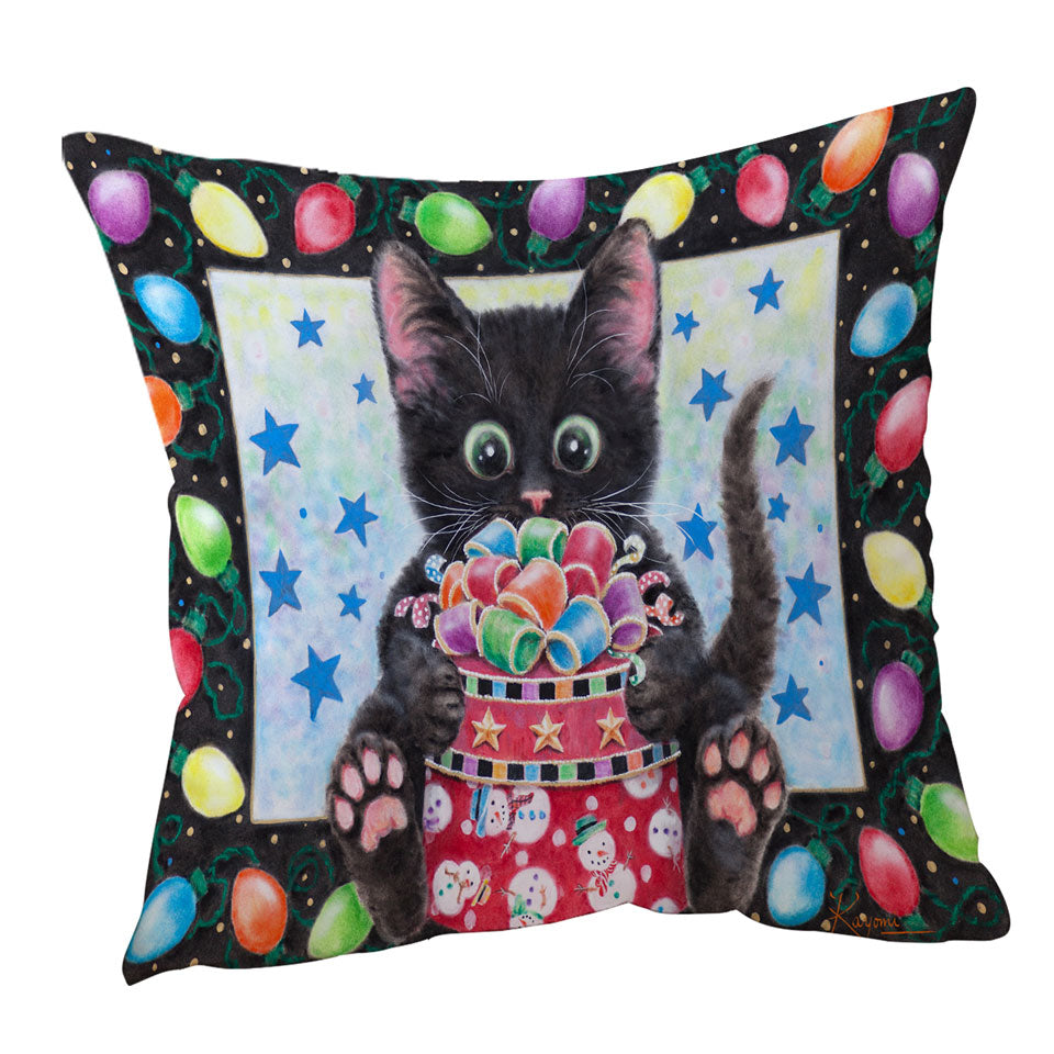 Christmas Throw Pillows Lights and Cute Black Kitten Cat