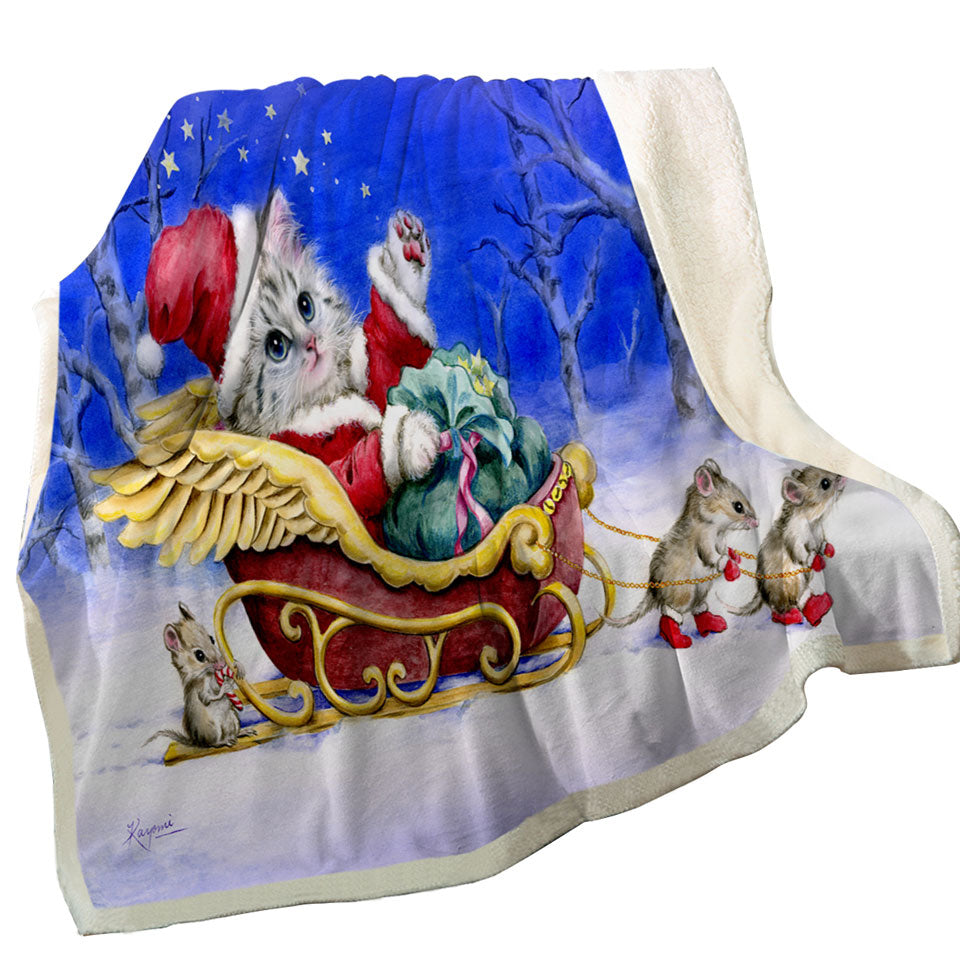 Christmas Throws Cat Kitten Santa with Mice Friends