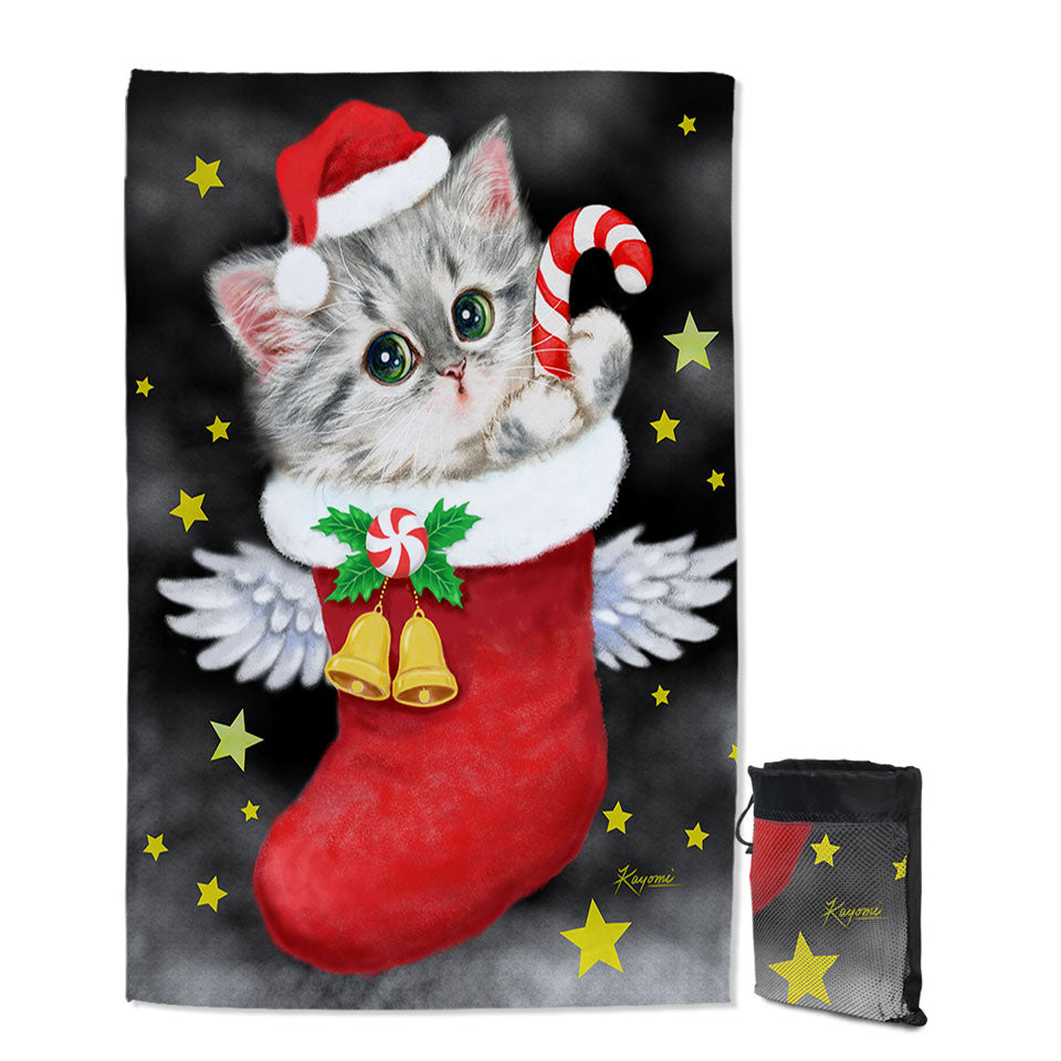 Christmas Travel Beach Towel Cute Grey Kitty in Red Angle Christmas Sock
