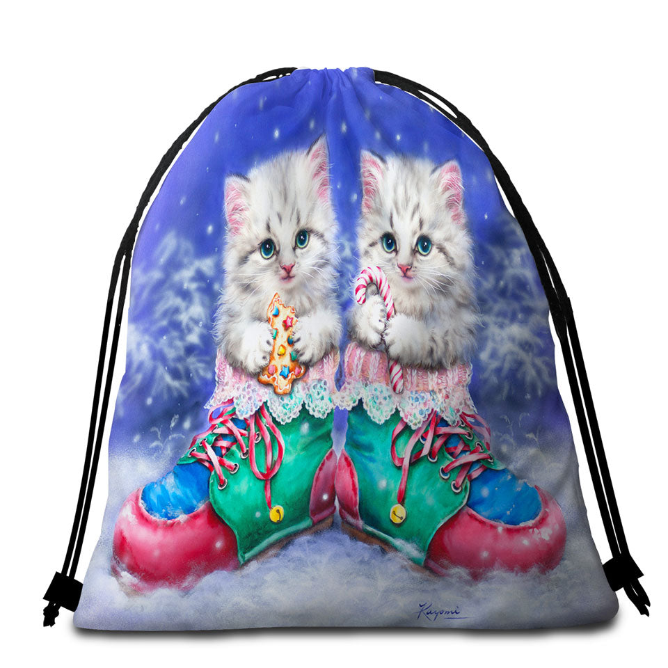 Christmas Travel Beach Towel Winter Boots with Cute Grey Kittens