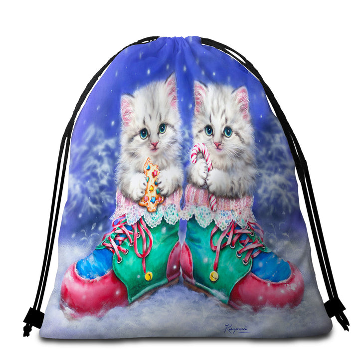 Christmas Travel Beach Towel Winter Boots with Cute Grey Kittens
