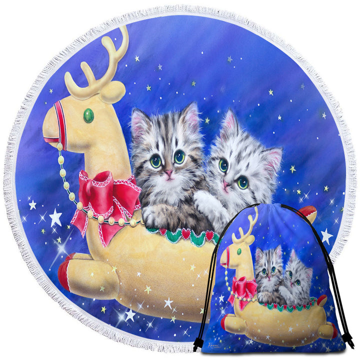 Christmas Travel Beach Towel with Reindeer Ride Kitty Cats