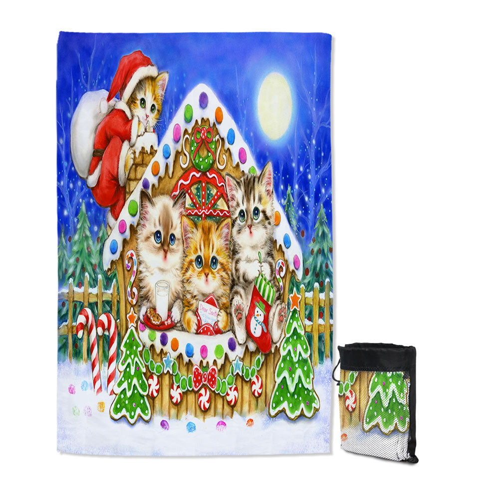 Christmas Unique Beach Towels Cats Cute Gingerbread House for Kittens